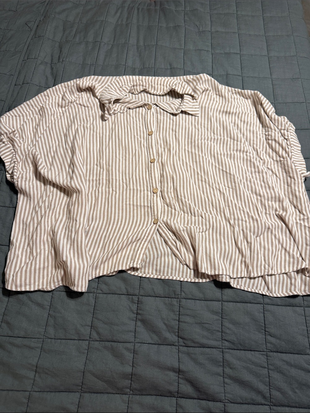 Zenana Outfitters Beige and White Striped Button-Front Top